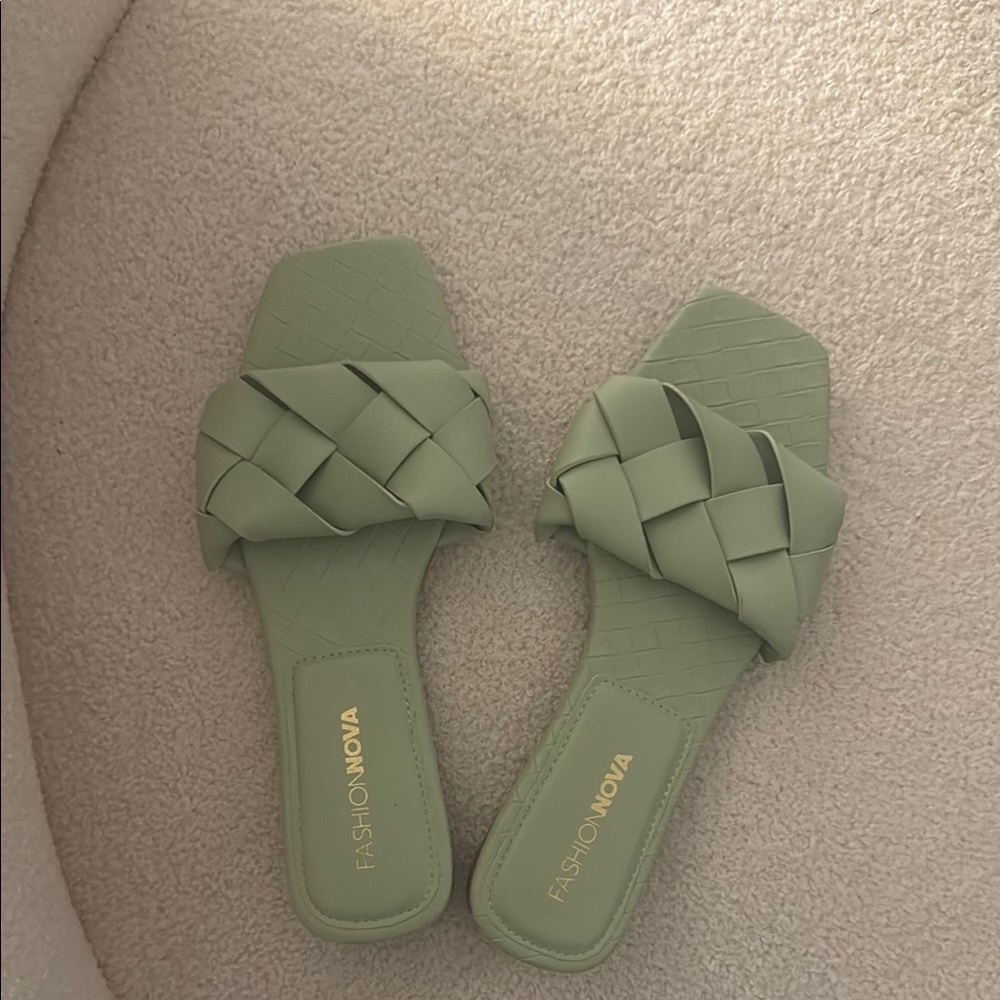 Fashion Nova Green Woven Slide Sandals